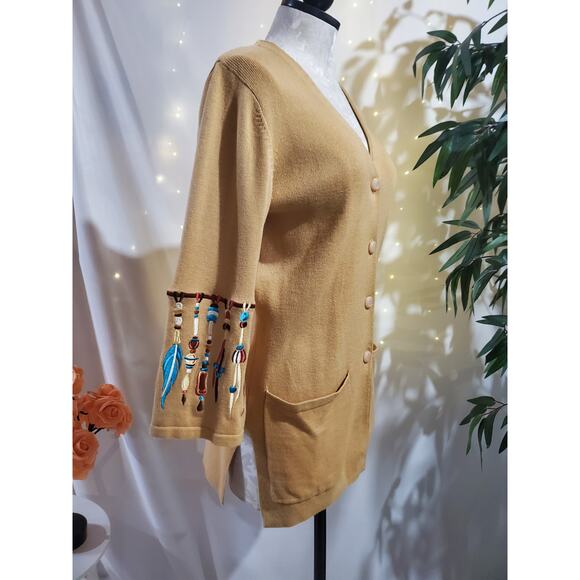 Bob Mackie Wearable Art Native Embroidered Feather Button Cardigan Sweater Sz XS - Picture 4 of 11